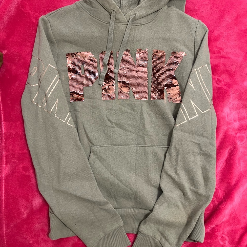 PINK Victoria's Secret Green Hoodie with Pink Sequin Logo